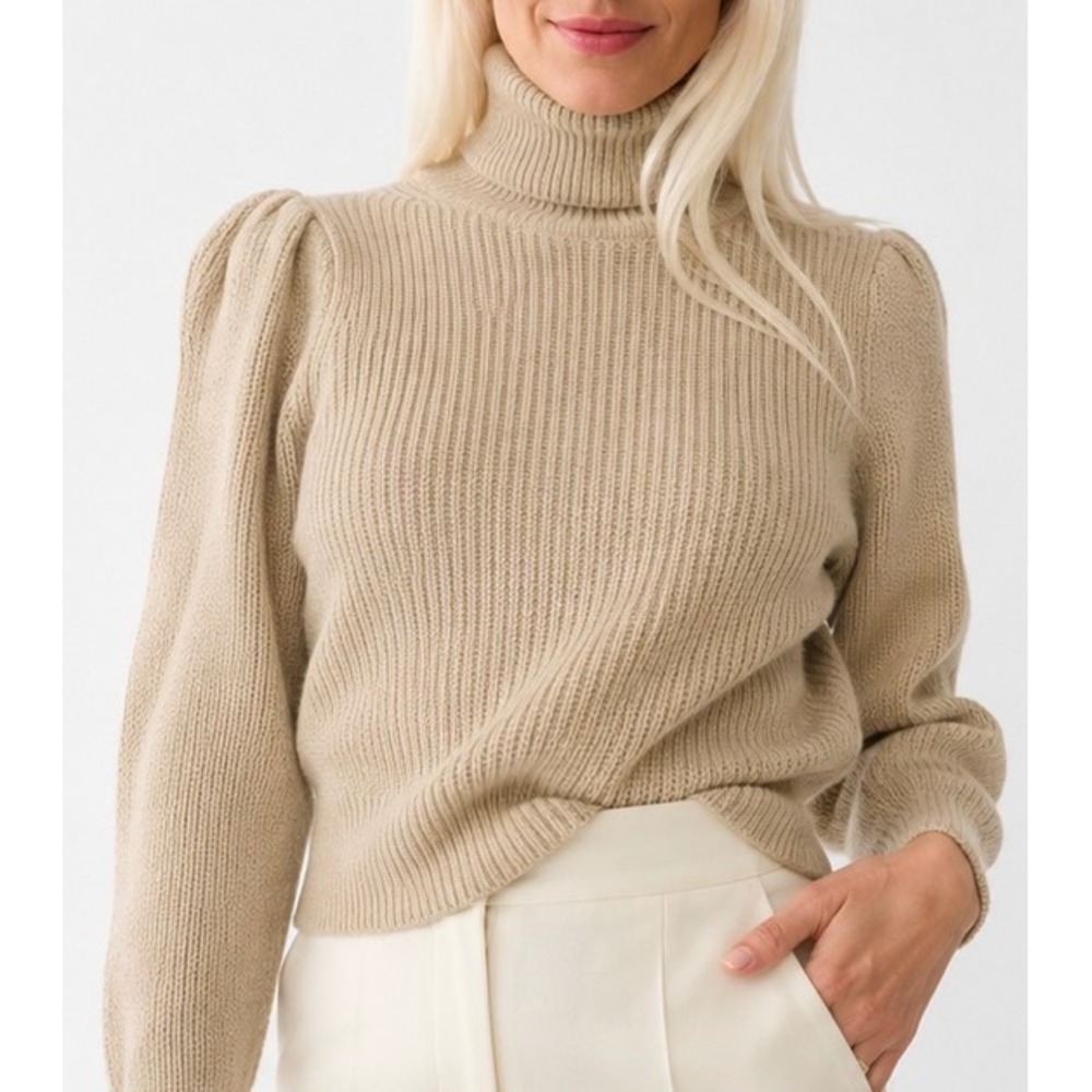 J. Crew | Puff-Sleeve Turtleneck Sweater S Beige Cropped Merino Alpaca BM300